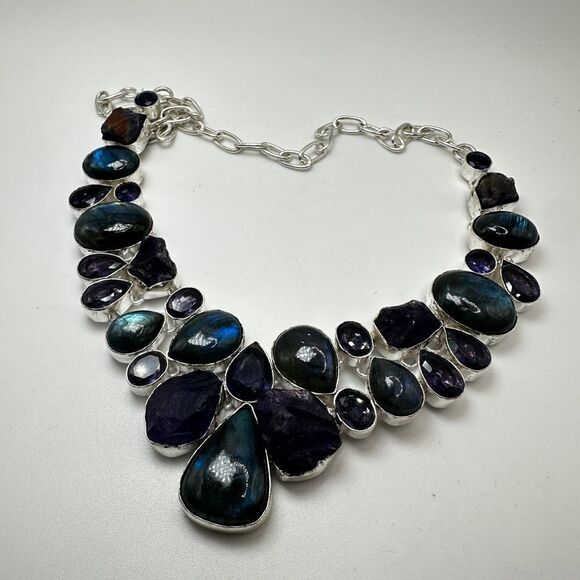 18" Labradorite, Amethyst, and Iolite in silver tone bib-style necklace! - Picture 9 of 13